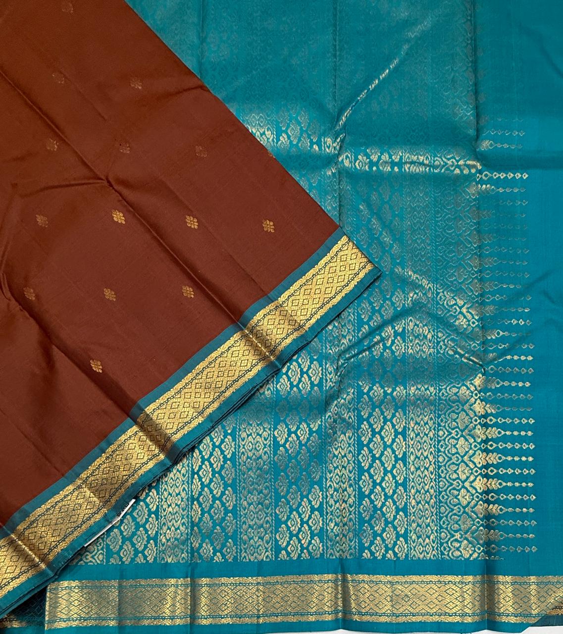 VSF1325 - brown color body , peacock blue color pallu,blouse - Pure silk saree