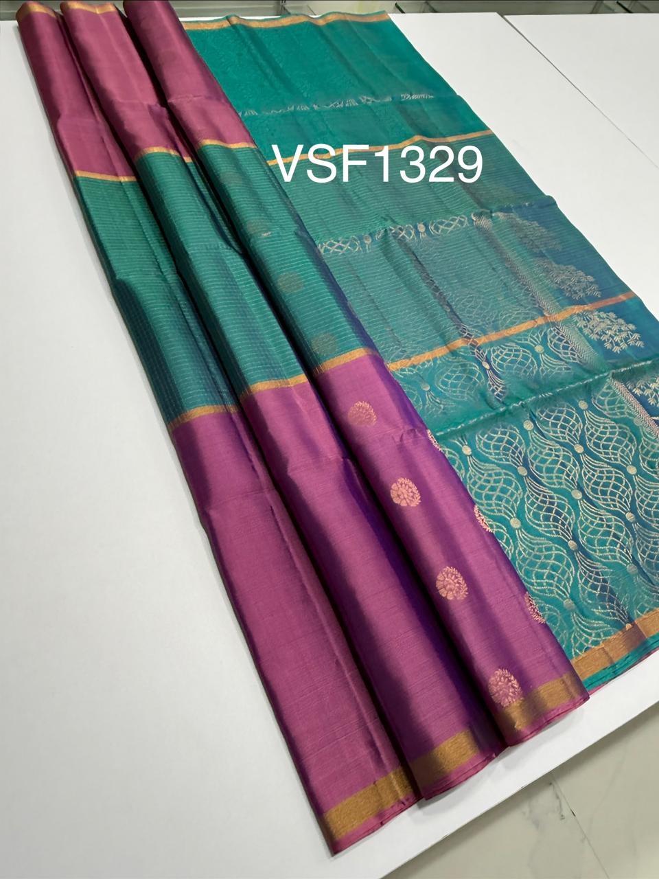 VSF1329 - lavender,peacock blue color body , pallu,blouse - Pure silk saree