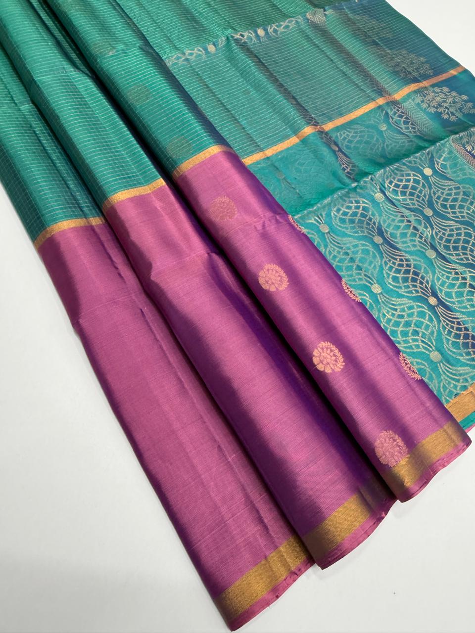 VSF1329 - lavender,peacock blue color body , pallu,blouse - Pure silk saree