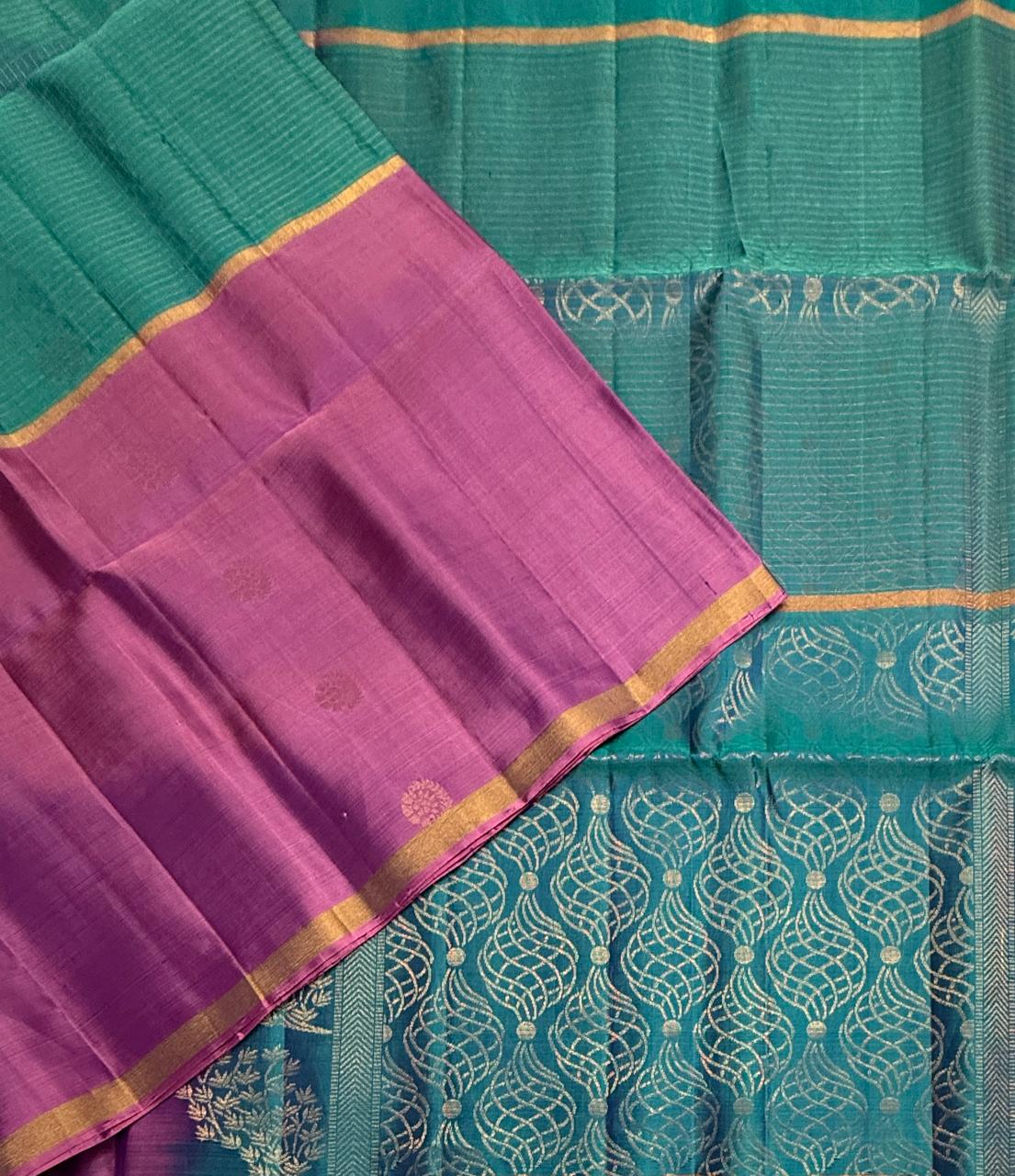 VSF1329 - lavender,peacock blue color body , pallu,blouse - Pure silk saree