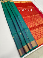 VSF1331 - peacock green color body , red with pink color pallu,blouse - Pure silk saree