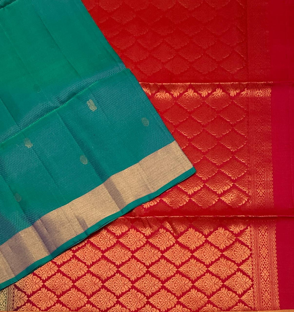 VSF1331 - peacock green color body , red with pink color pallu,blouse - Pure silk saree