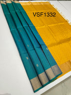 VSF1332 - peacock blue color body , yellow color pallu,blouse - Pure silk saree