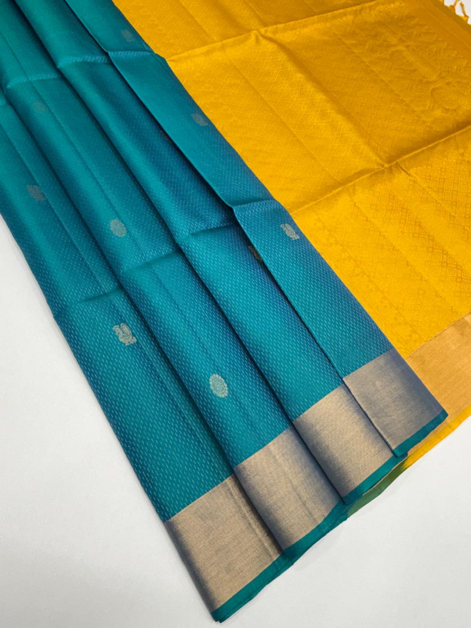 VSF1332 - peacock blue color body , yellow color pallu,blouse - Pure silk saree