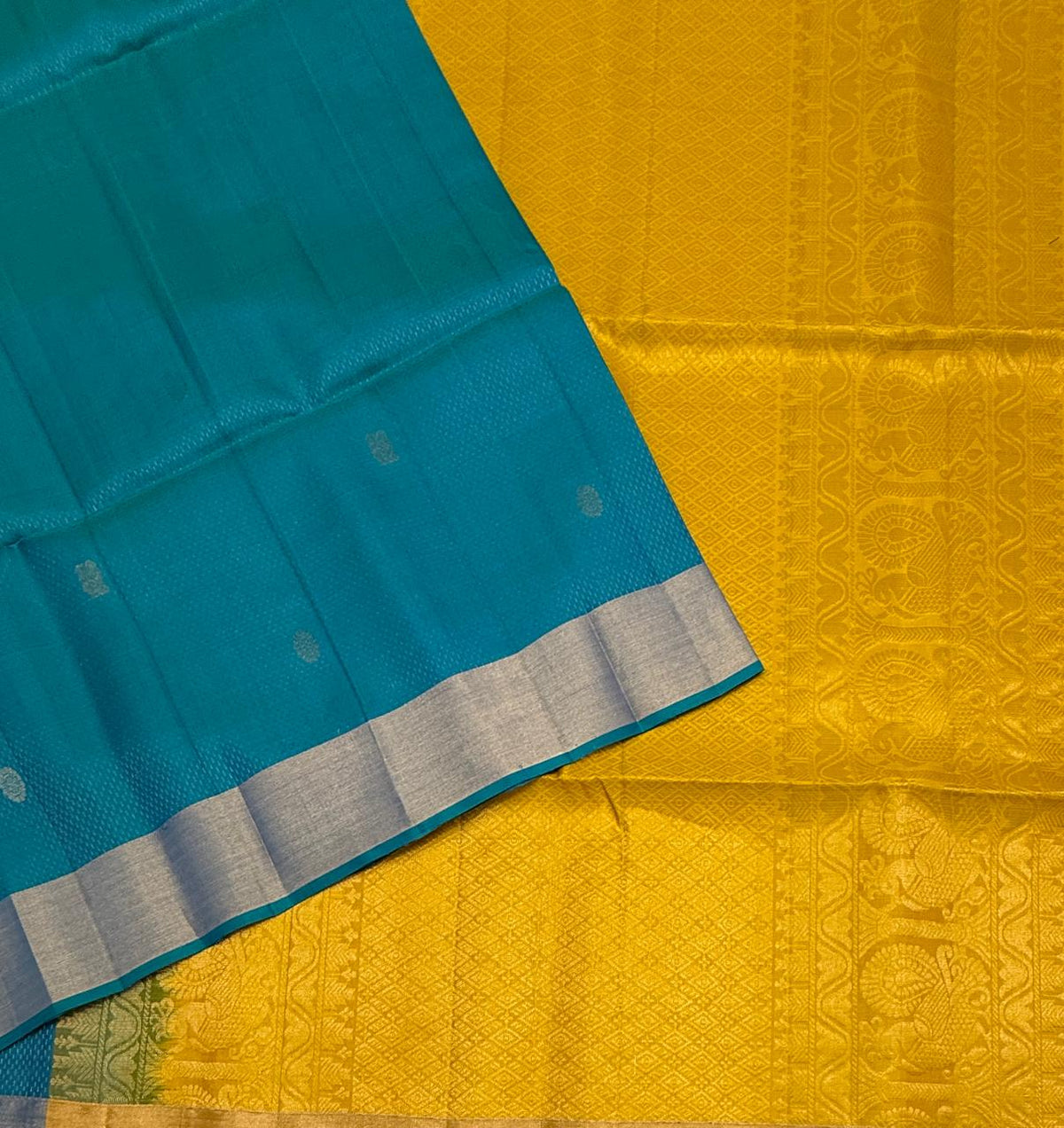 VSF1332 - peacock blue color body , yellow color pallu,blouse - Pure silk saree