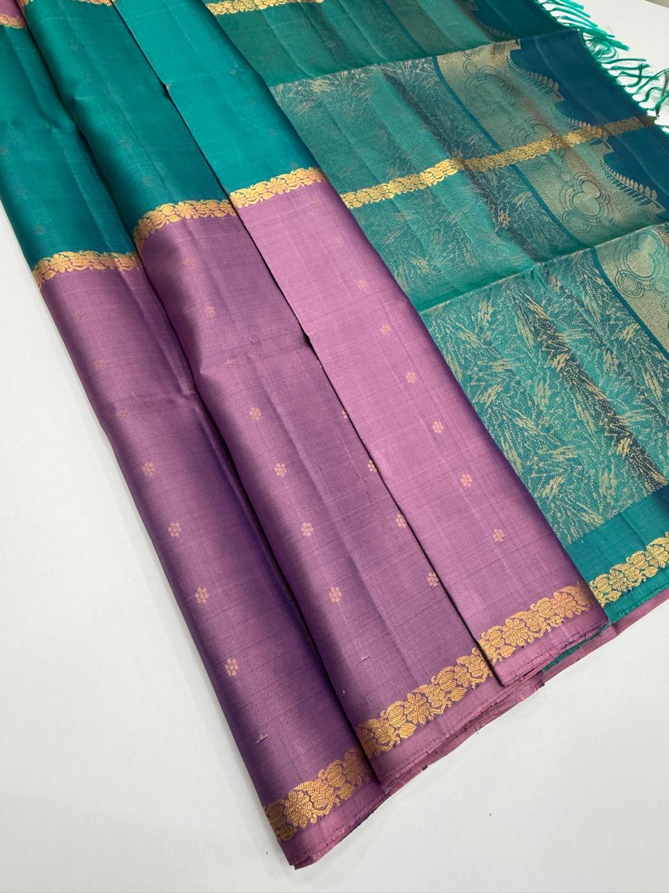 VSF1333 - dark lavender color body , peacock green color pallu,blouse - Pure silk saree