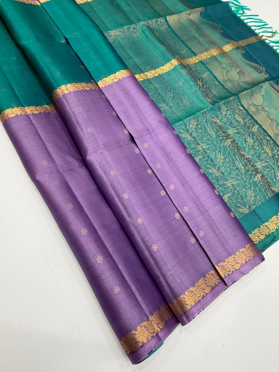 VSF1334 - light lavender color body , peacock green color pallu,blouse - Pure silk saree