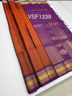 VSF1339 - rust orange color body , violet color pallu,blouse - Pure silk saree