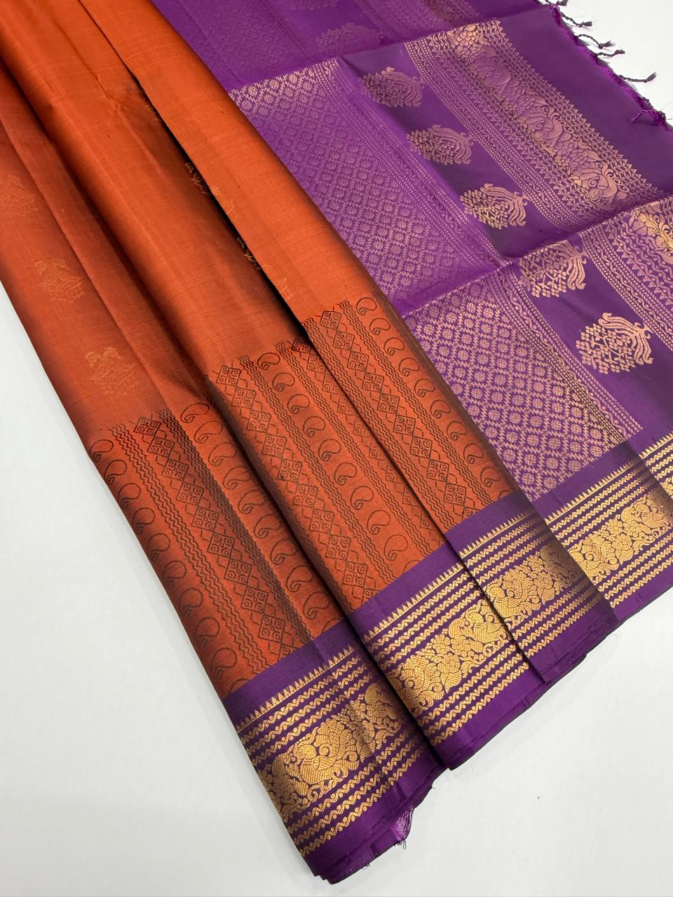 VSF1339 - rust orange color body , violet color pallu,blouse - Pure silk saree