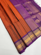VSF1339 - rust orange color body , violet color pallu,blouse - Pure silk saree