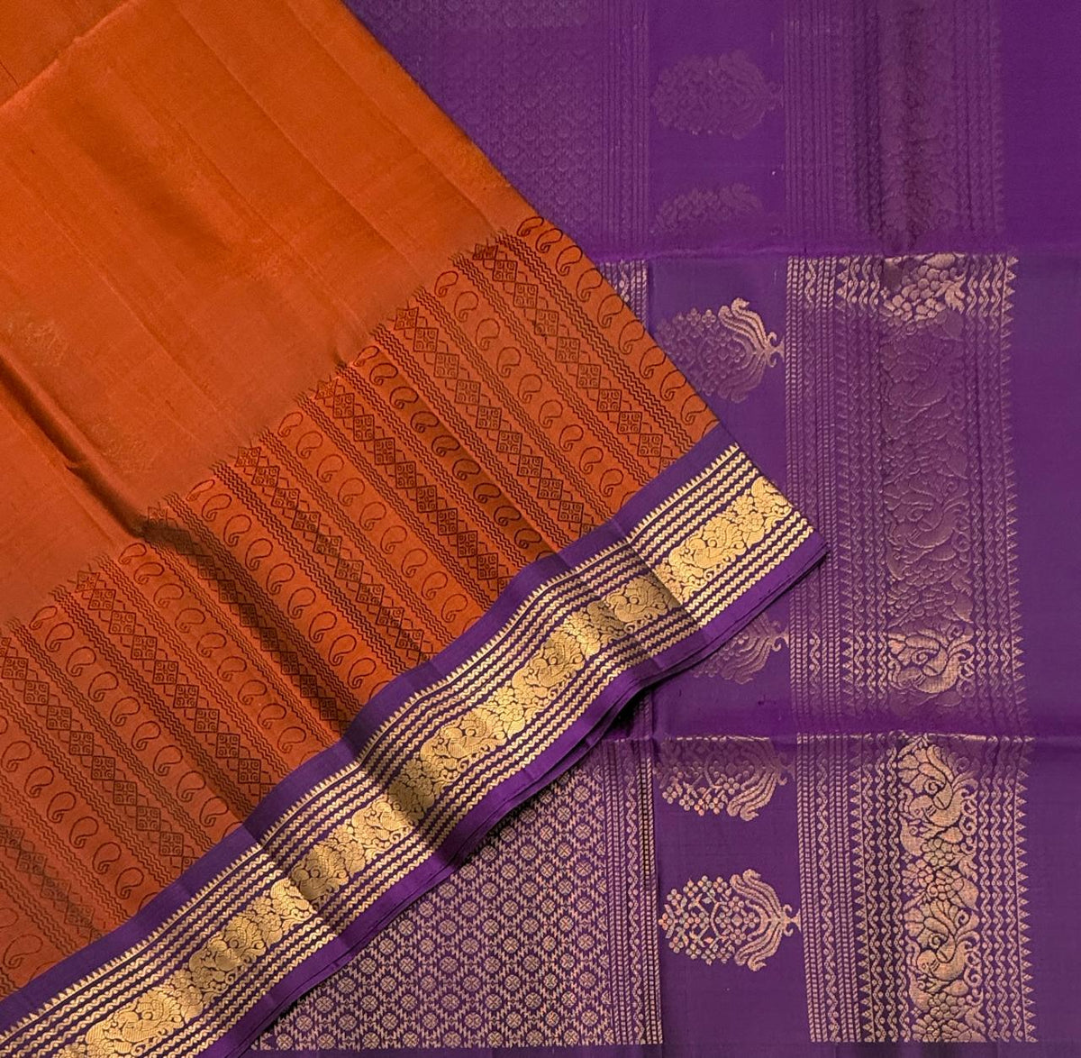 VSF1339 - rust orange color body , violet color pallu,blouse - Pure silk saree