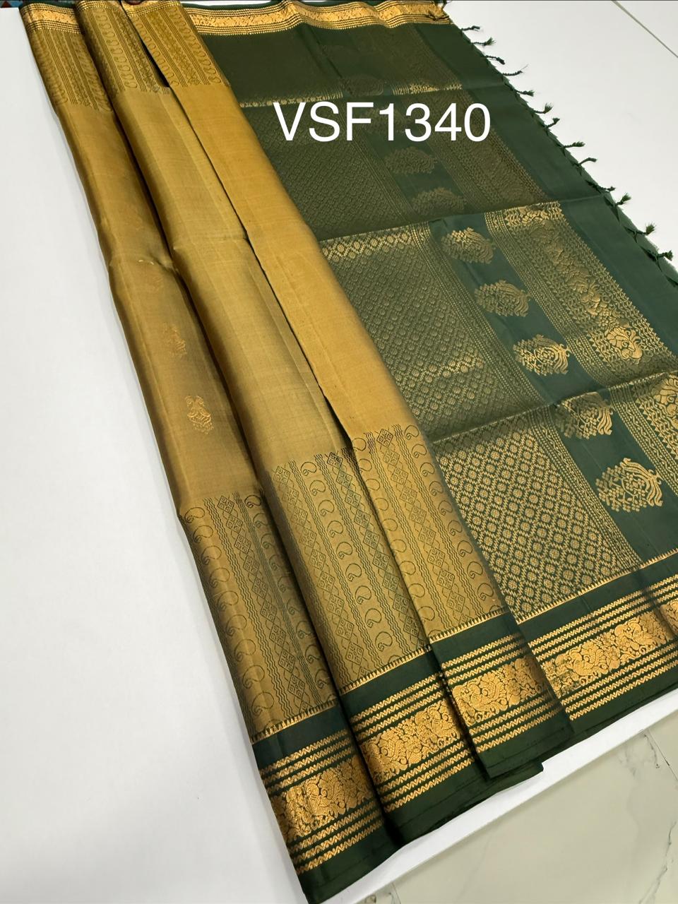 VSF1340 - khaki brown color body , green color pallu,blouse - Pure silk saree