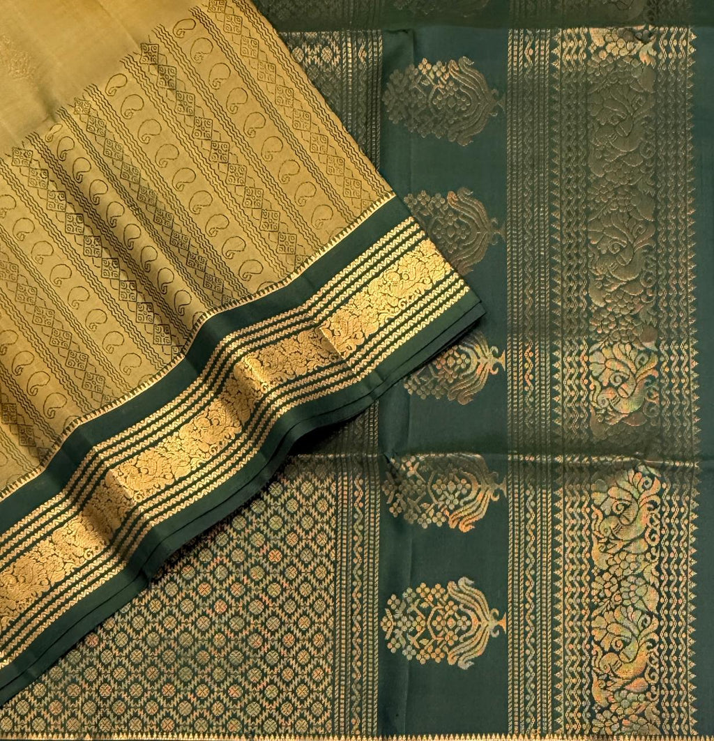 VSF1340 - khaki brown color body , green color pallu,blouse - Pure silk saree