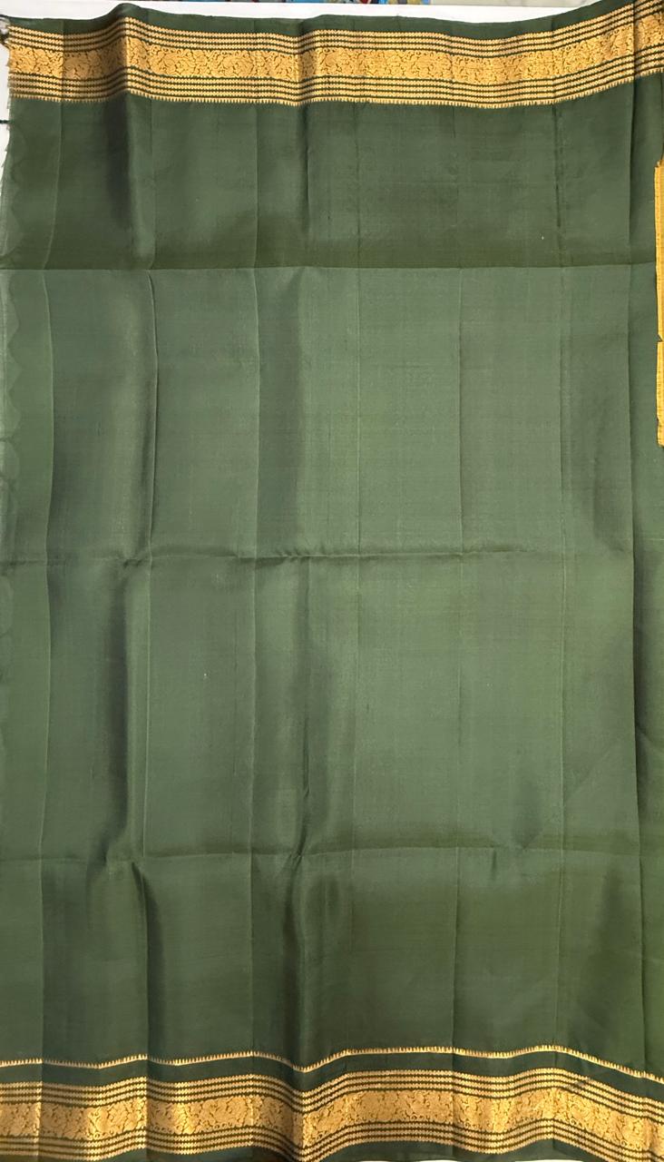 VSF1340 - khaki brown color body , green color pallu,blouse - Pure silk saree