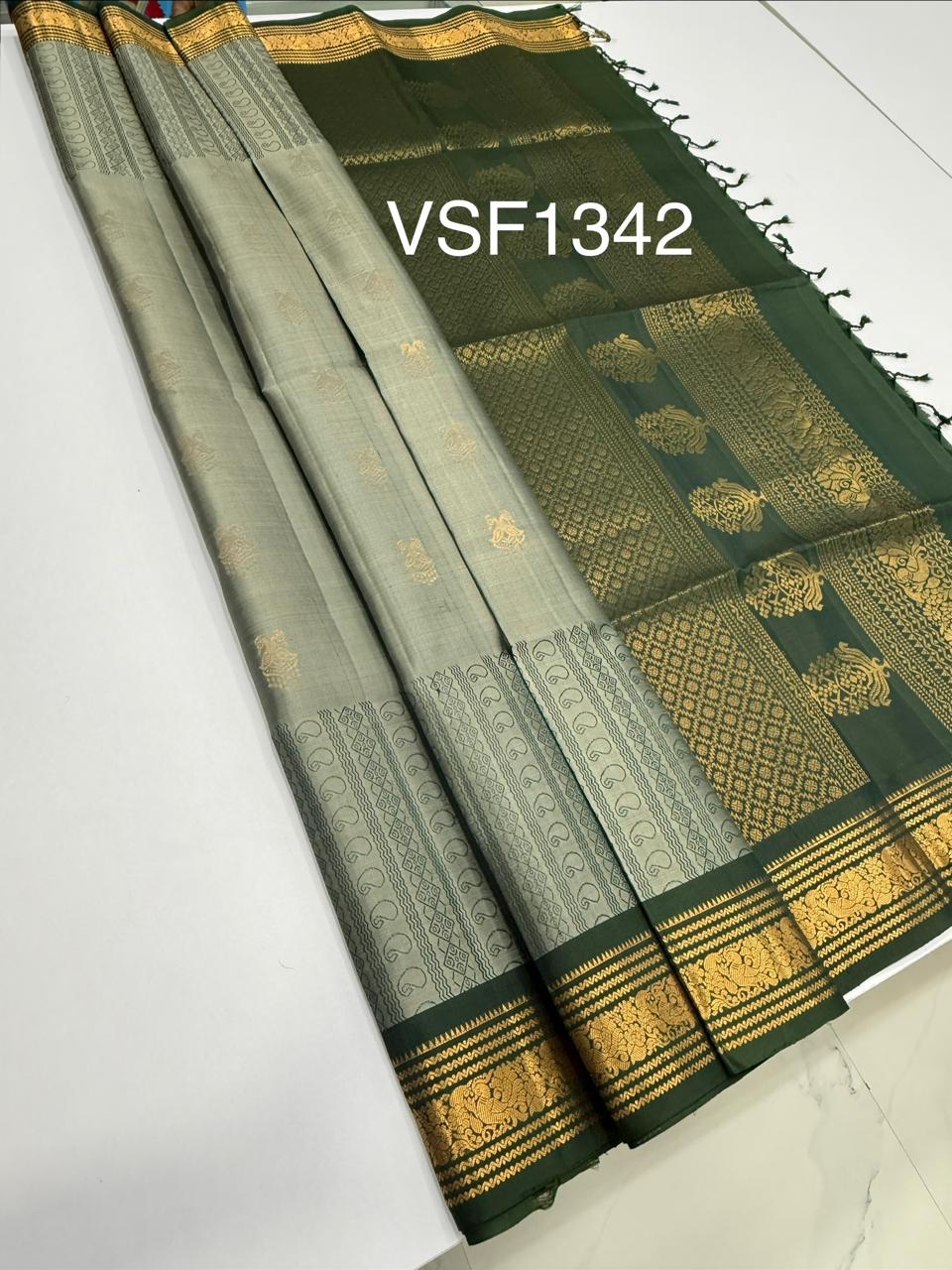 VSF1342 - grey color body , green color pallu,blouse - Pure silk saree