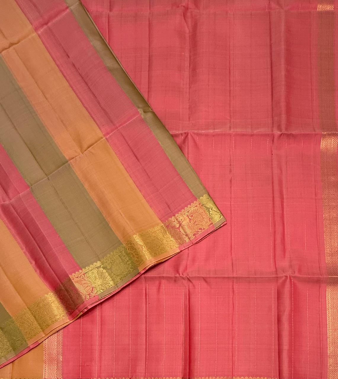VSF1344 - multi color body , peach color pallu,blouse - Pure silk saree