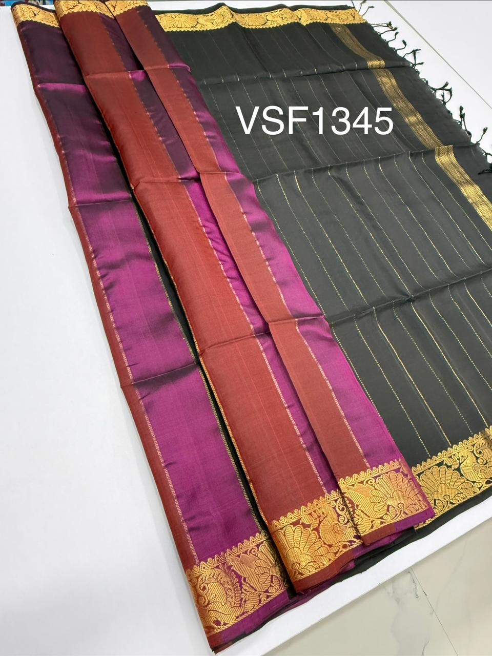 VSF1345 - maroon, purple color body , black color pallu,blouse - Pure silk saree