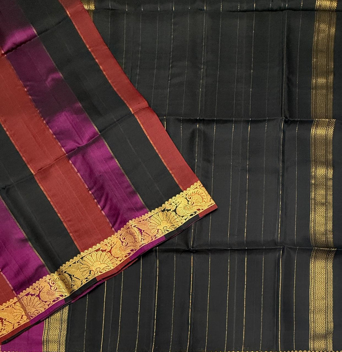 VSF1345 - maroon, purple color body , black color pallu,blouse - Pure silk saree