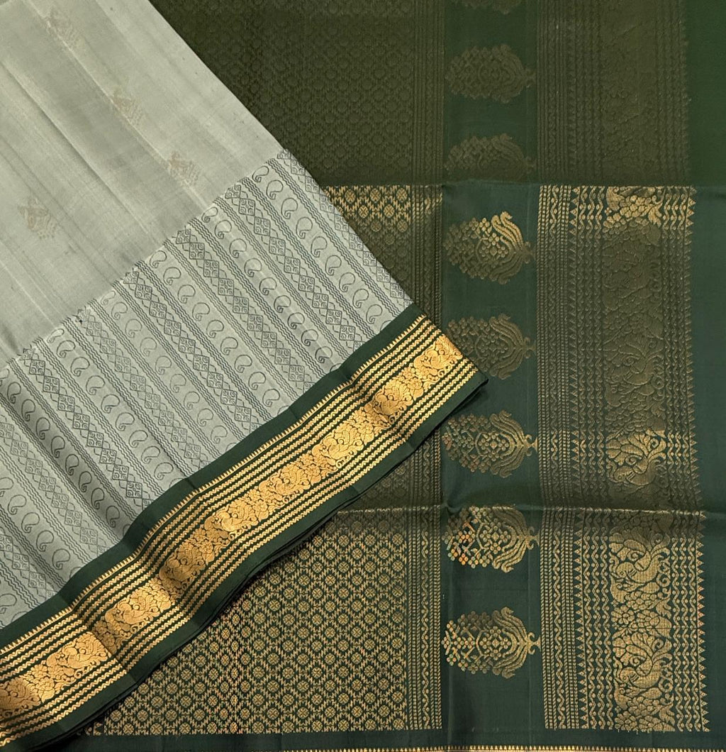 VSF1342 - grey color body , green color pallu,blouse - Pure silk saree
