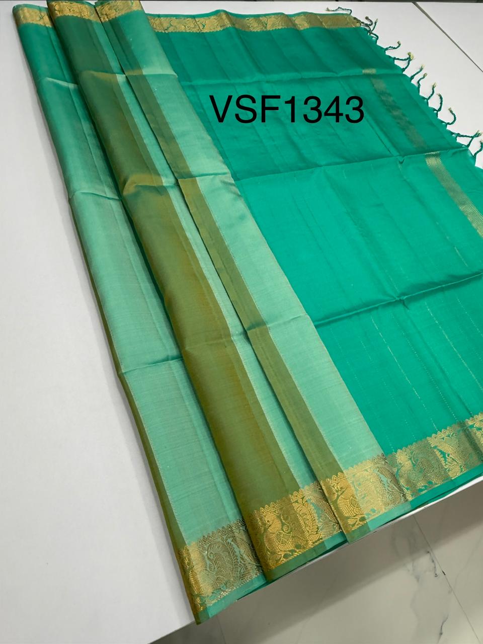 VSF1343 - teal green color body , pallu,blouse - Pure silk saree