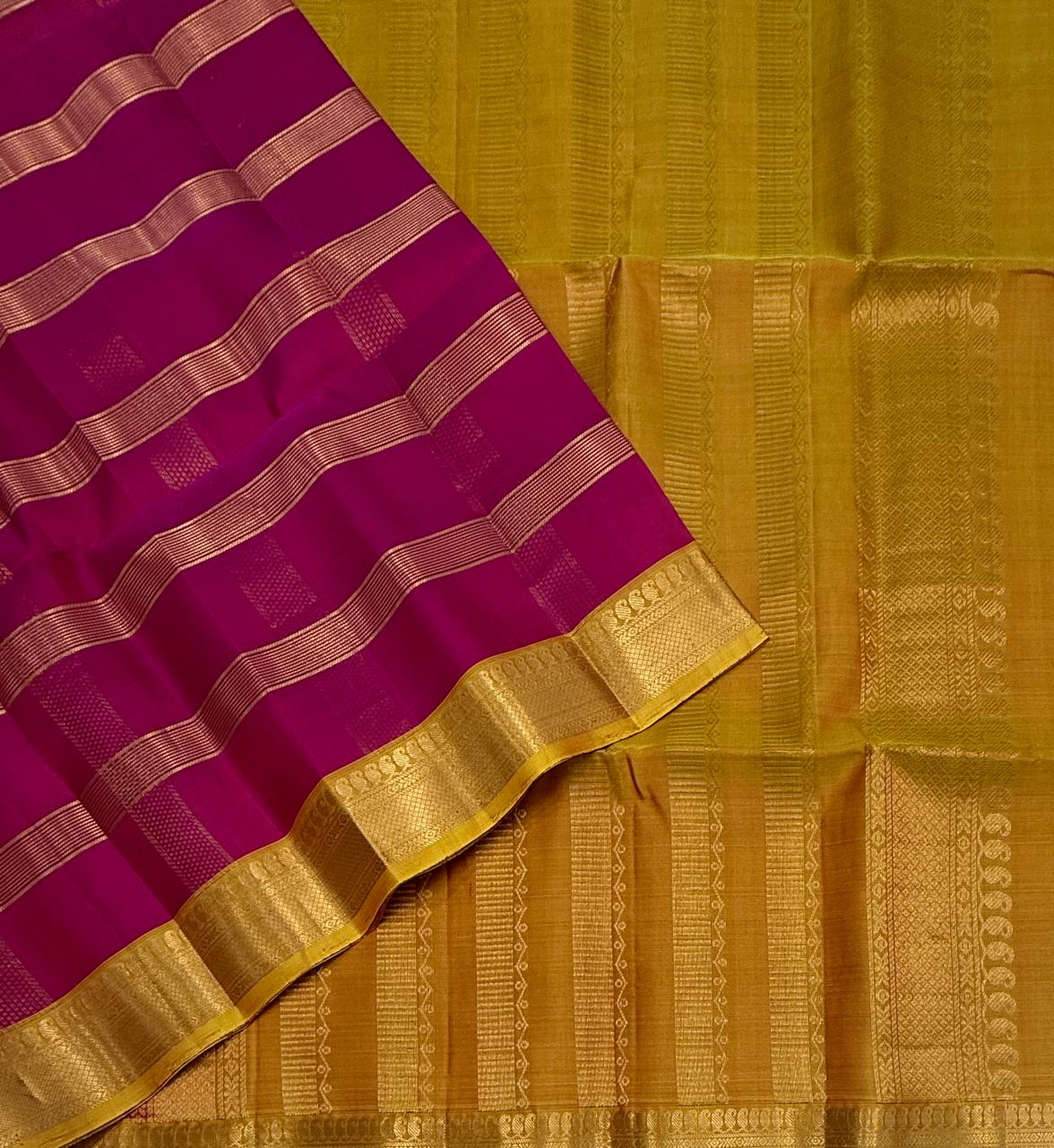 VSF1350 - rani pink color body , yellow color pallu,blouse - Pure silk saree