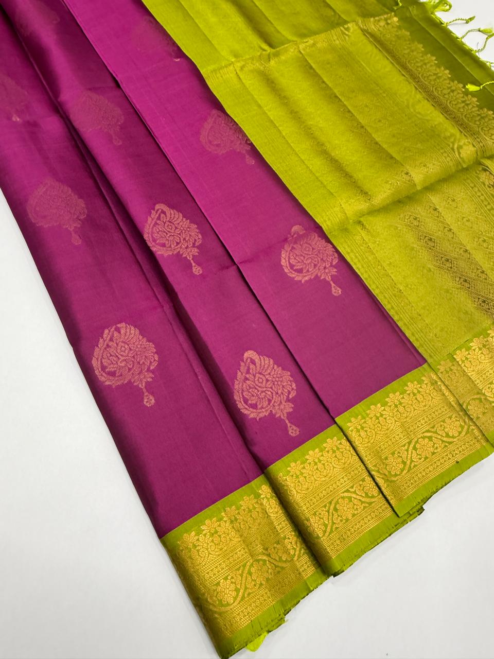 VSF1346 - purple color body , green color pallu,blouse - Pure silk saree