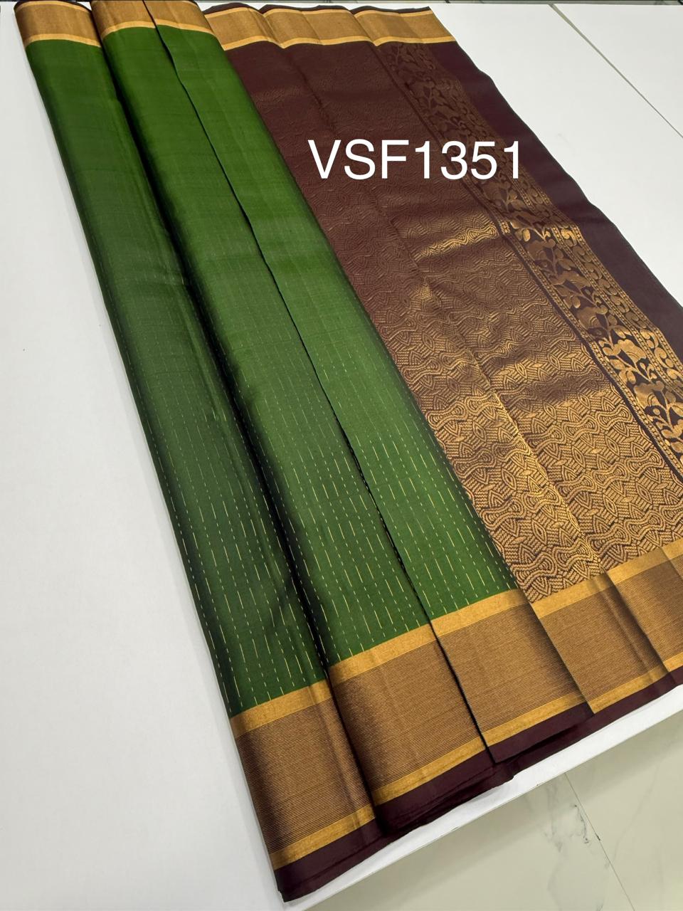 VSF1351 - olive green color body , brown color pallu,blouse - Pure silk saree