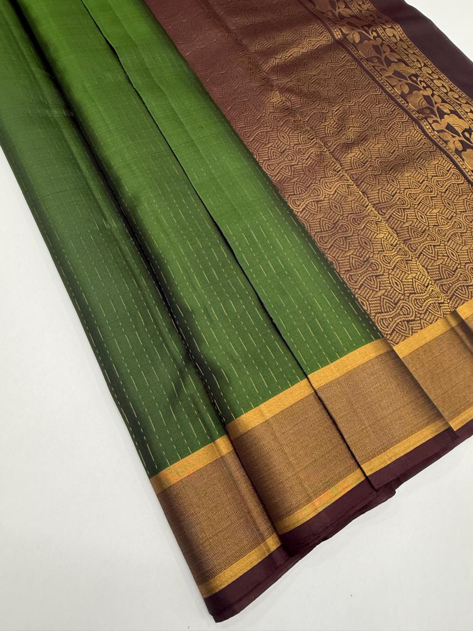 VSF1351 - olive green color body , brown color pallu,blouse - Pure silk saree