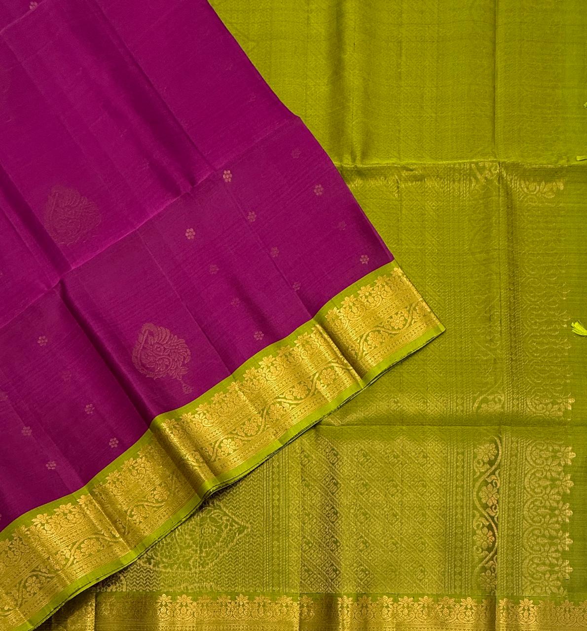 VSF1346 - purple color body , green color pallu,blouse - Pure silk saree
