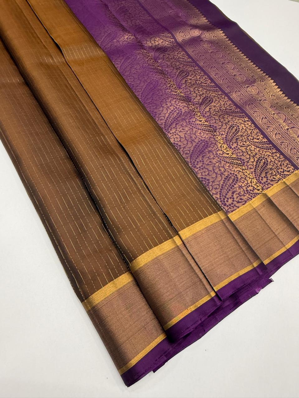 VSF1355 - honey brown color body , violet color pallu,blouse - Pure silk saree