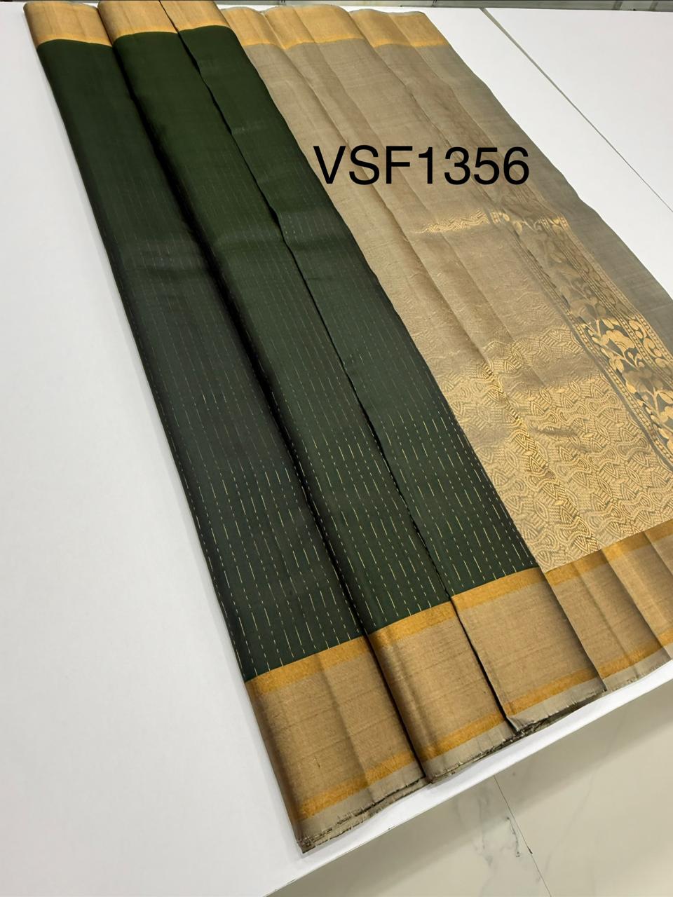 VSF1356 - dark green color body , grey color pallu,blouse - Pure silk saree