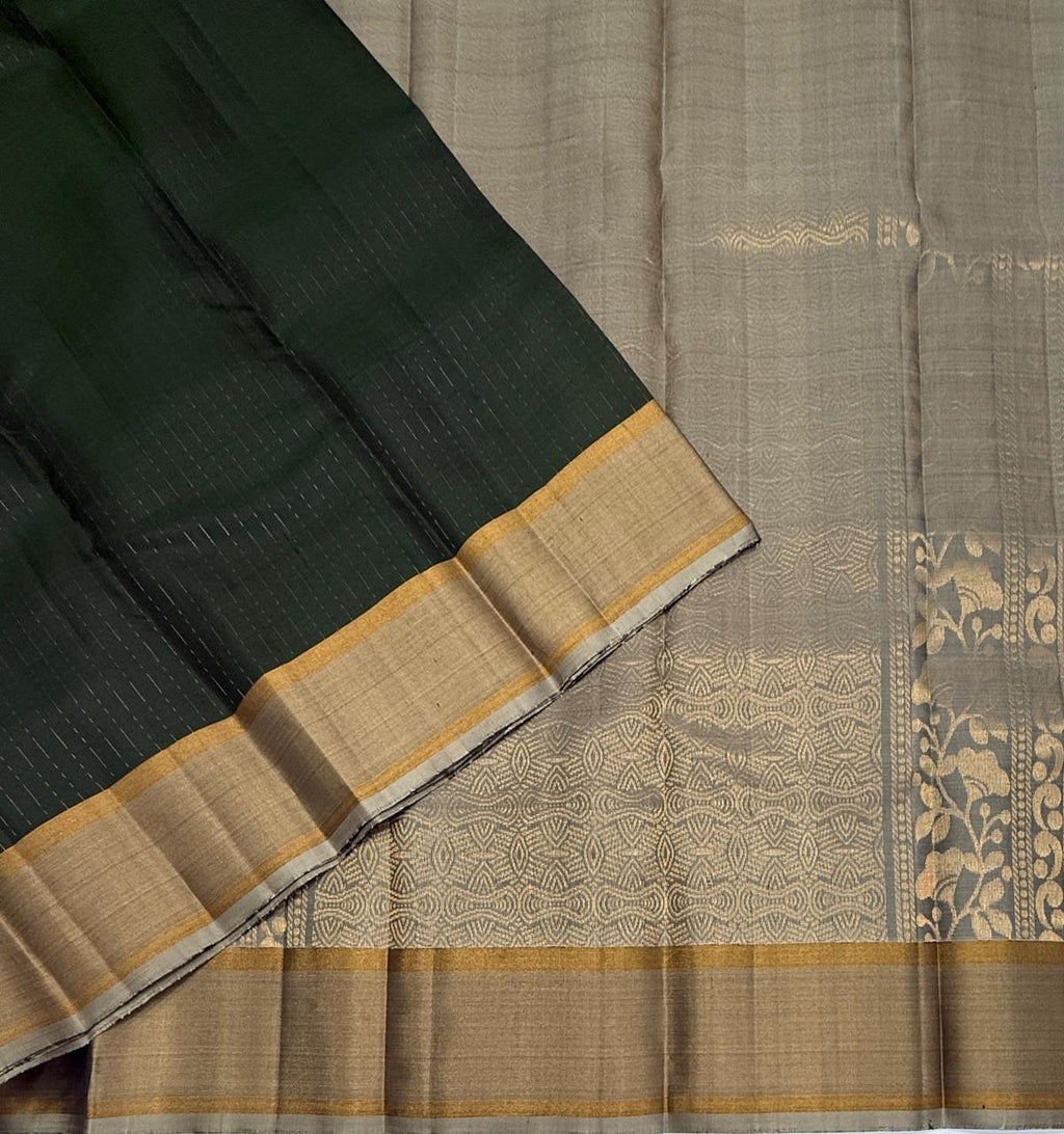 VSF1356 - dark green color body , grey color pallu,blouse - Pure silk saree