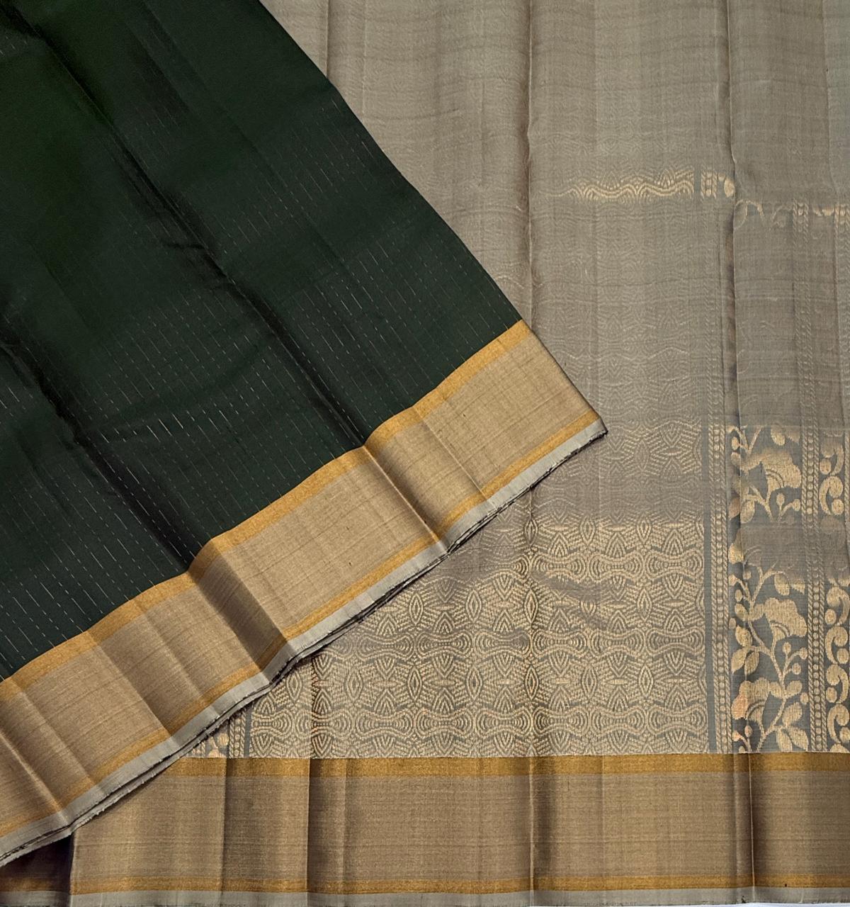 VSF1356 - dark green color body , grey color pallu,blouse - Pure silk saree