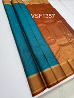 VSF1357 - peacock blue color body , orange color pallu,blouse - Pure silk saree