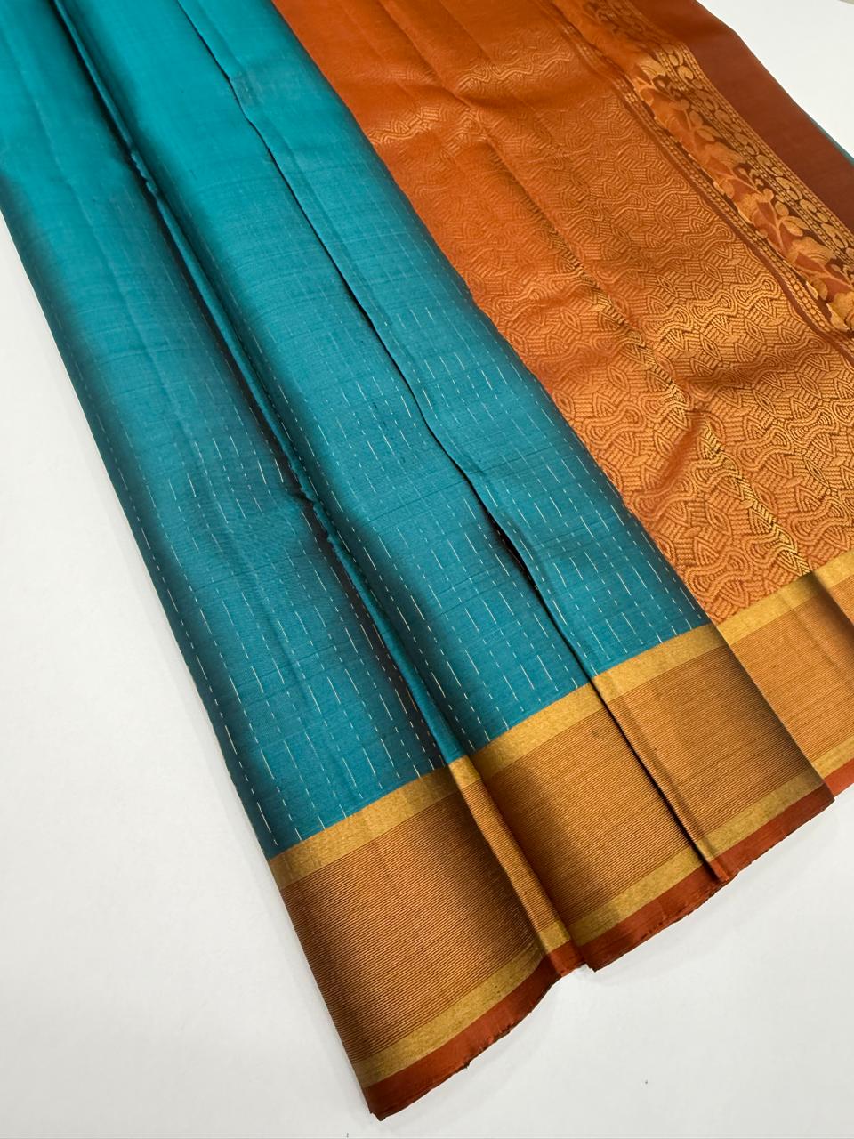 VSF1357 - peacock blue color body , orange color pallu,blouse - Pure silk saree