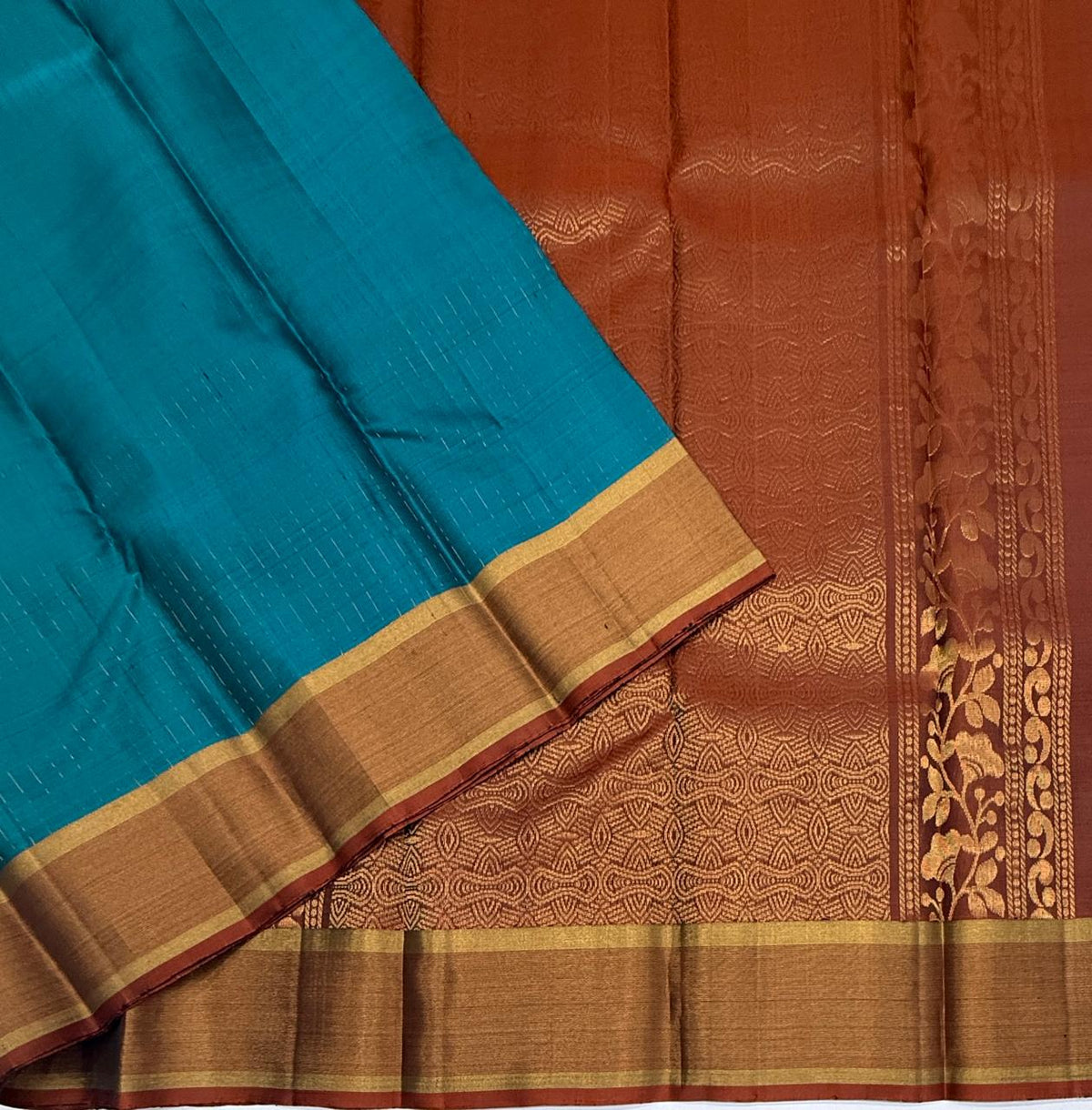 VSF1357 - peacock blue color body , orange color pallu,blouse - Pure silk saree