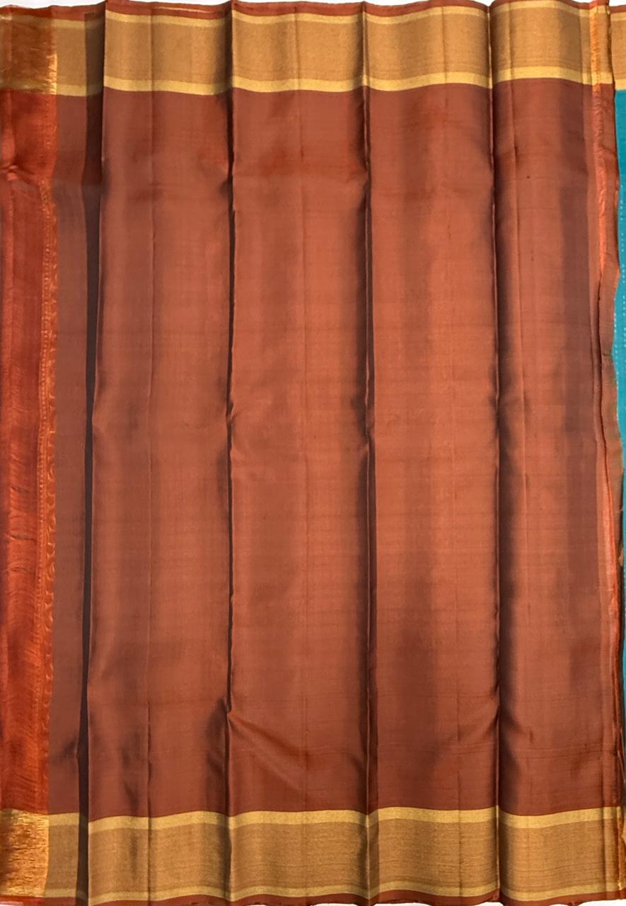 VSF1357 - peacock blue color body , orange color pallu,blouse - Pure silk saree