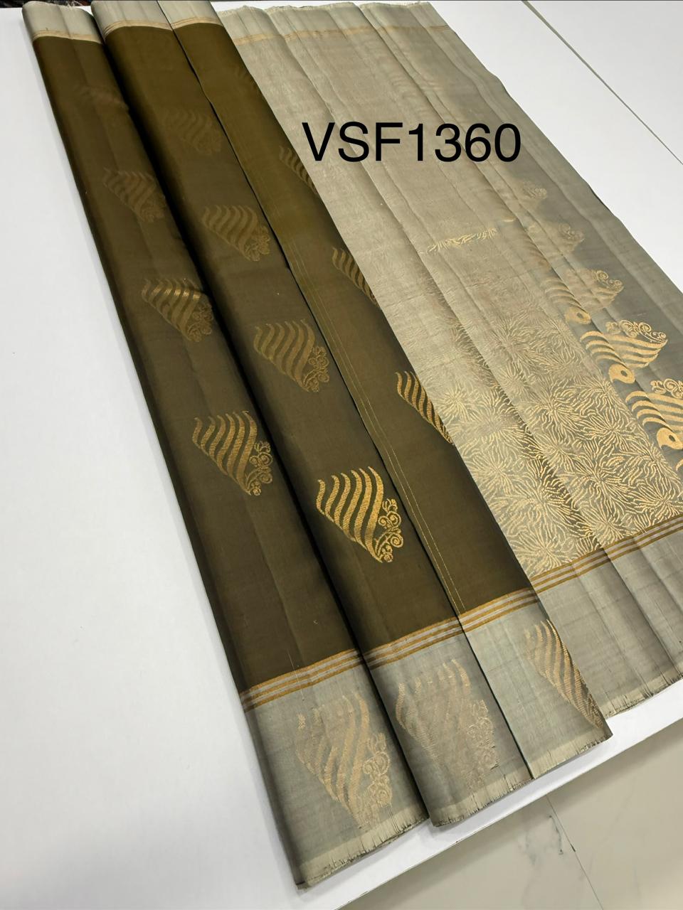 VSF1360 - khaki brown color body , grey color pallu,blouse - Pure silk saree
