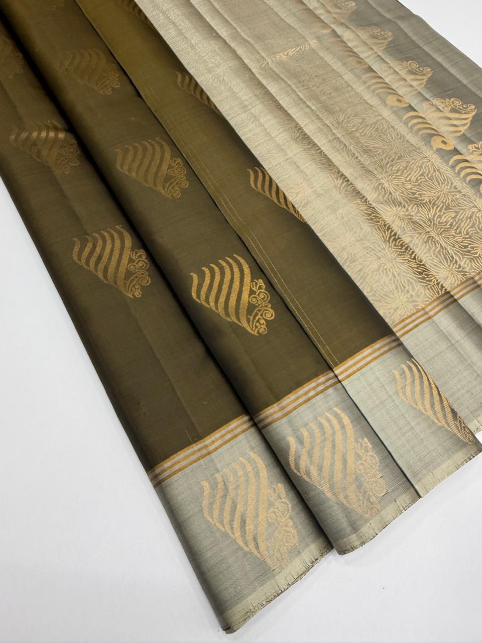 VSF1360 - khaki brown color body , grey color pallu,blouse - Pure silk saree