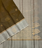 VSF1360 - khaki brown color body , grey color pallu,blouse - Pure silk saree