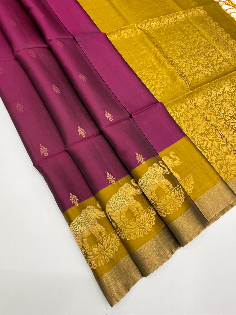 VSF1361 - purple color body , yellowish green color pallu,blouse - Pure silk saree
