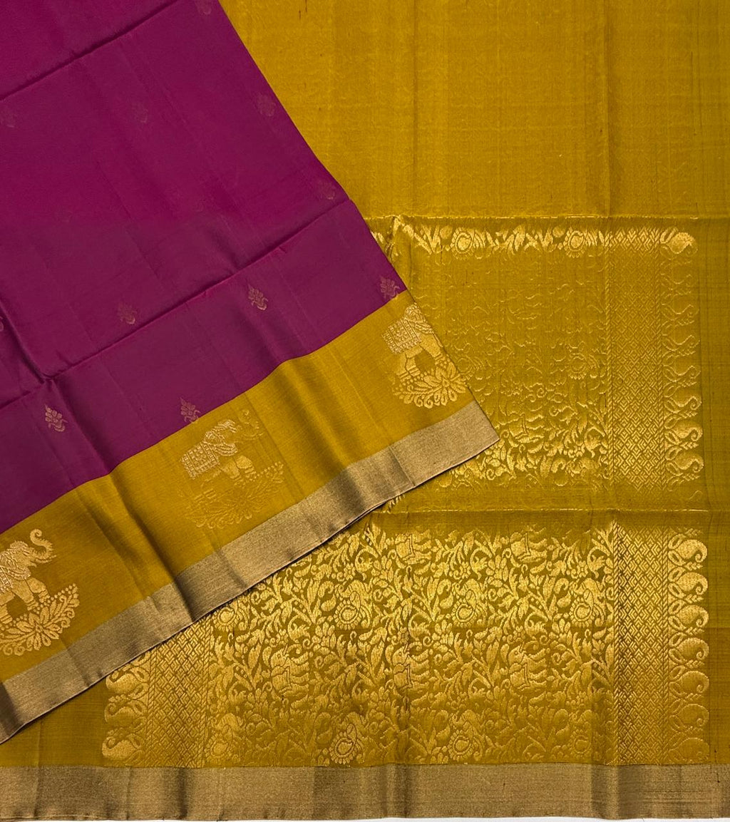 VSF1361 - purple color body , yellowish green color pallu,blouse - Pure silk saree