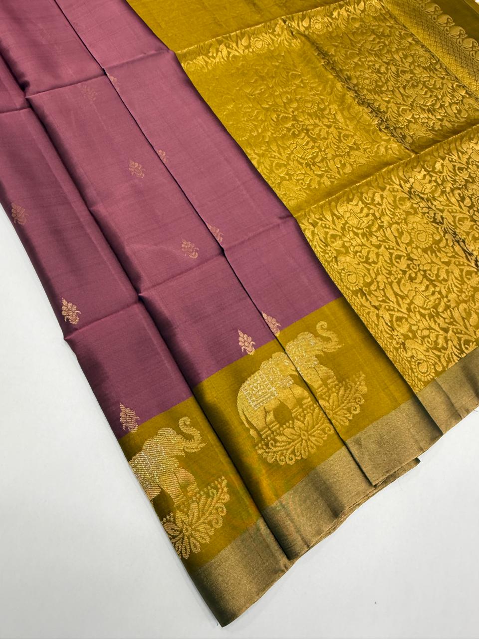 VSF1362 - dusky pink color body , yellowish green color pallu,blouse - Pure silk saree
