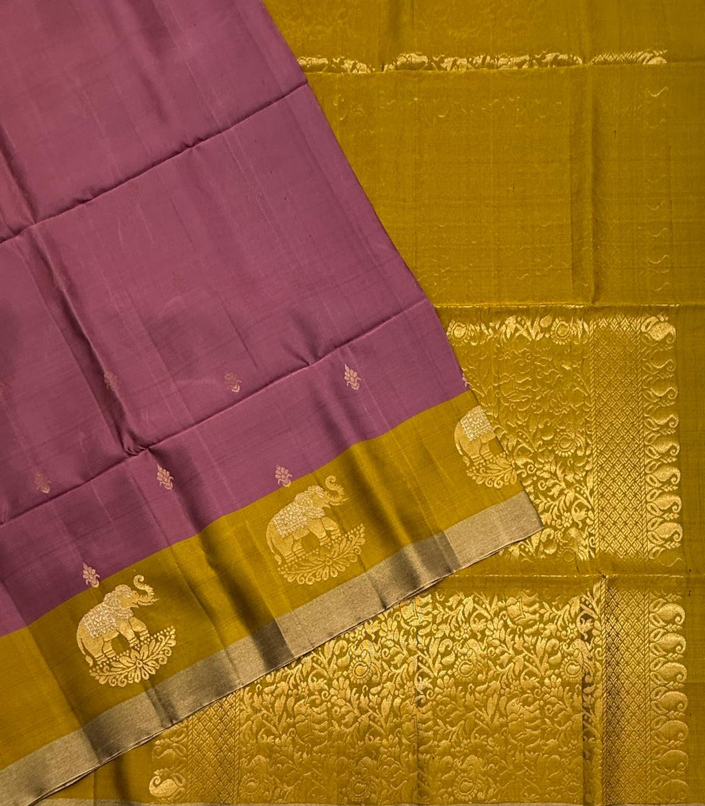 VSF1362 - dusky pink color body , yellowish green color pallu,blouse - Pure silk saree