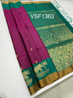 VSF1363 - purple color body , peacock green color pallu,blouse - Pure silk saree