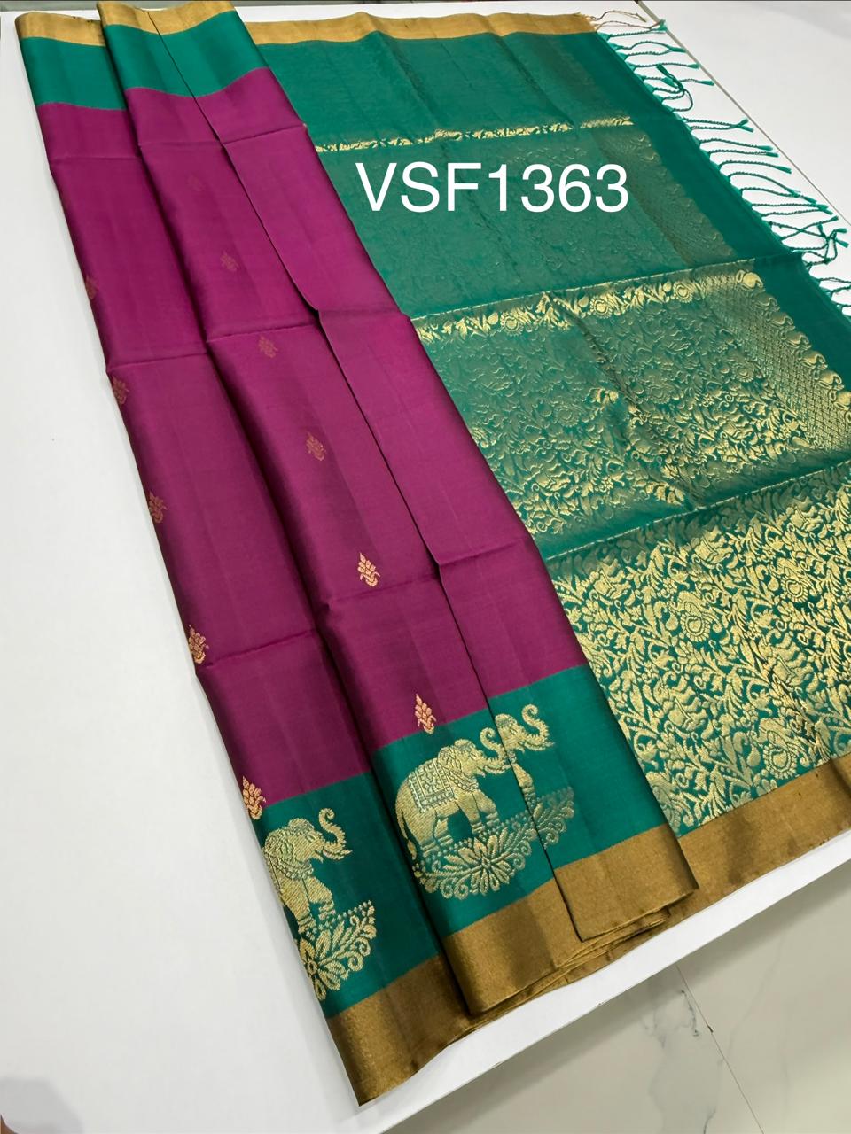 VSF1363 - purple color body , peacock green color pallu,blouse - Pure silk saree