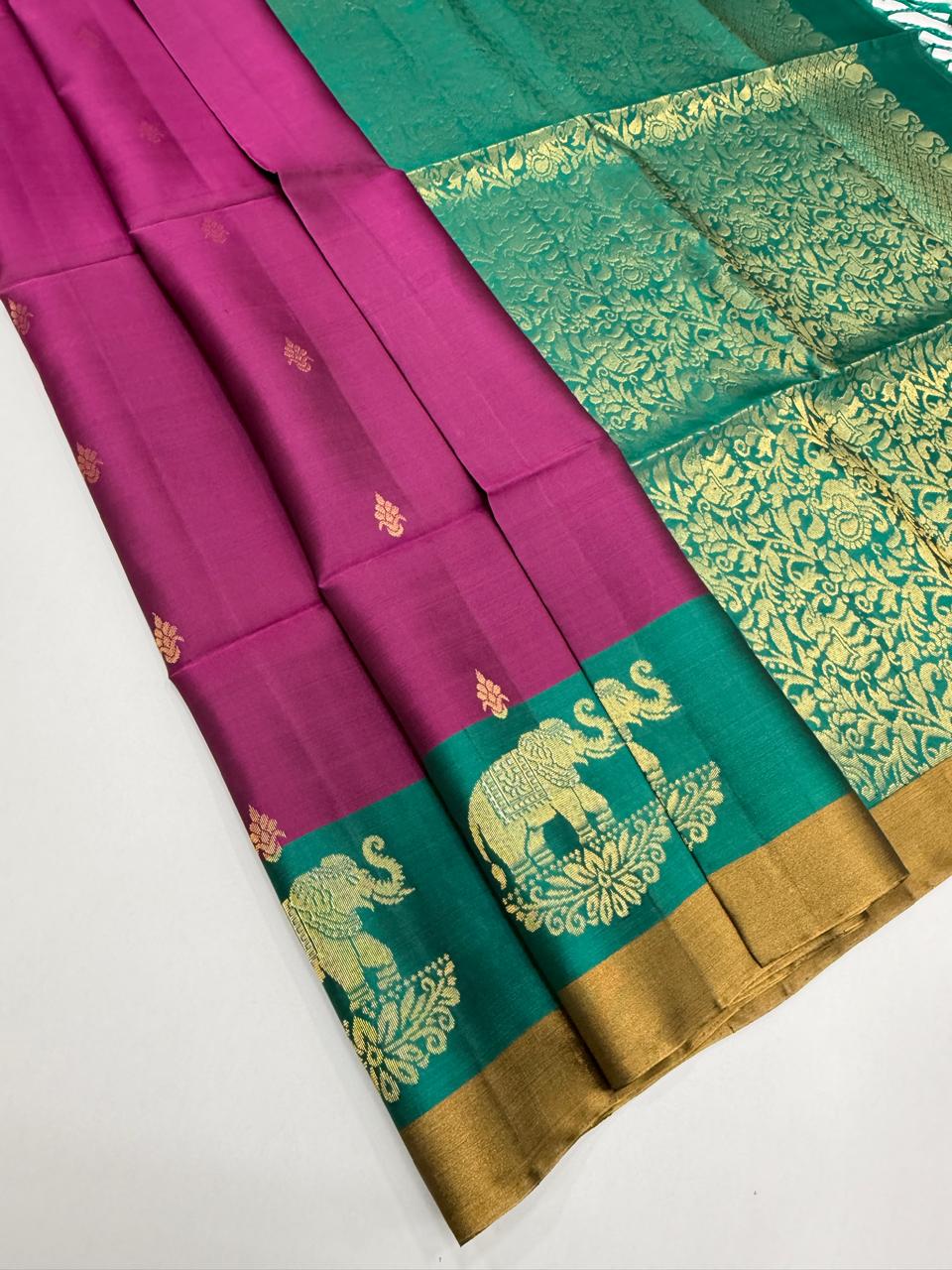 VSF1363 - purple color body , peacock green color pallu,blouse - Pure silk saree