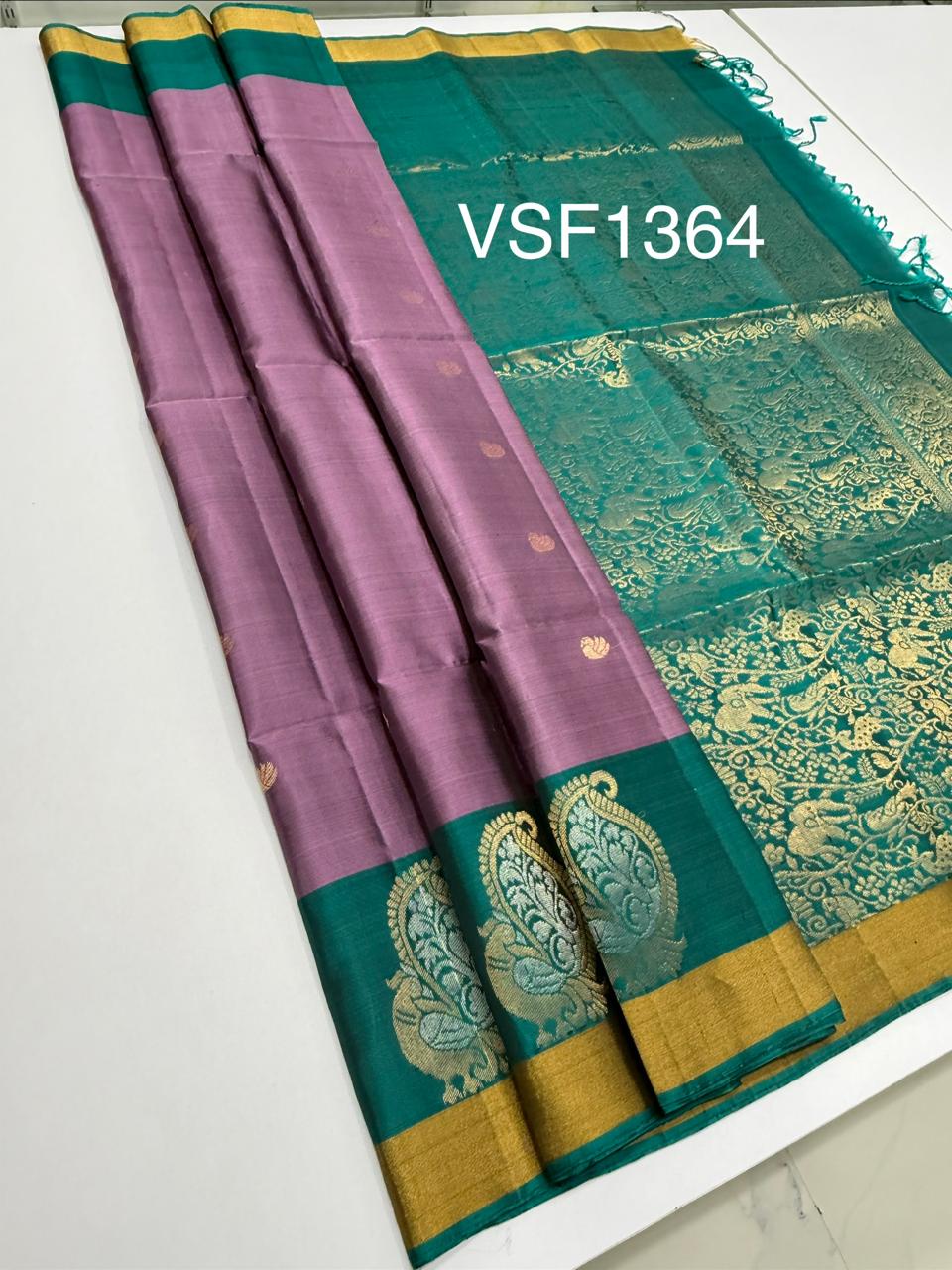 VSF1364 - lavender color body , peacock green color pallu,blouse - Pure silk saree