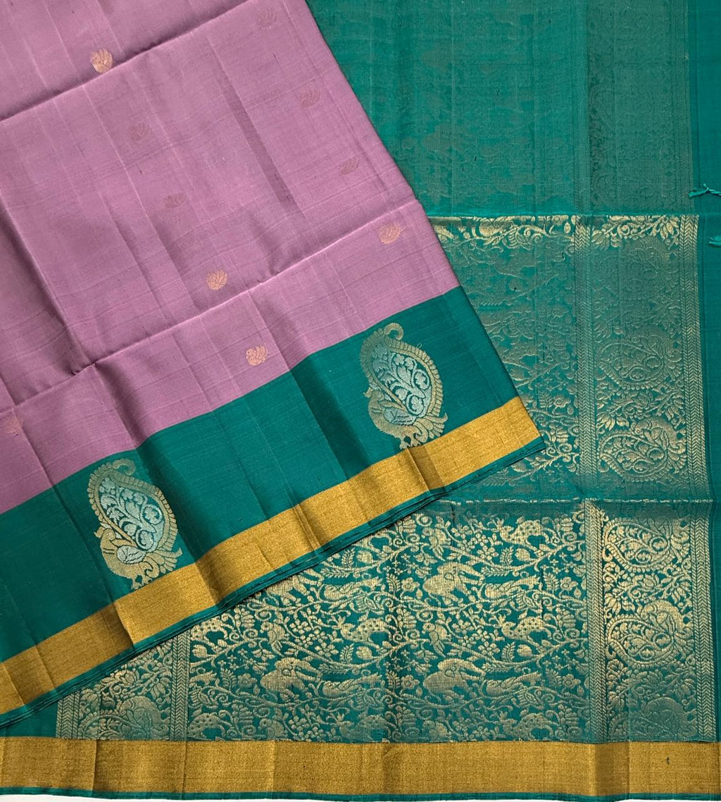 VSF1364 - lavender color body , peacock green color pallu,blouse - Pure silk saree