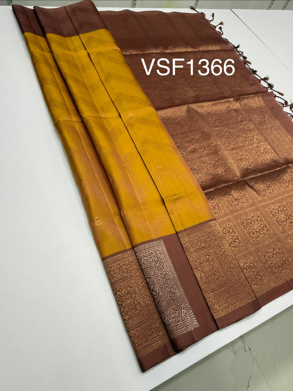 VSF1366 - golden yellow color body , chocolate brown color pallu,blouse - Pure silk saree